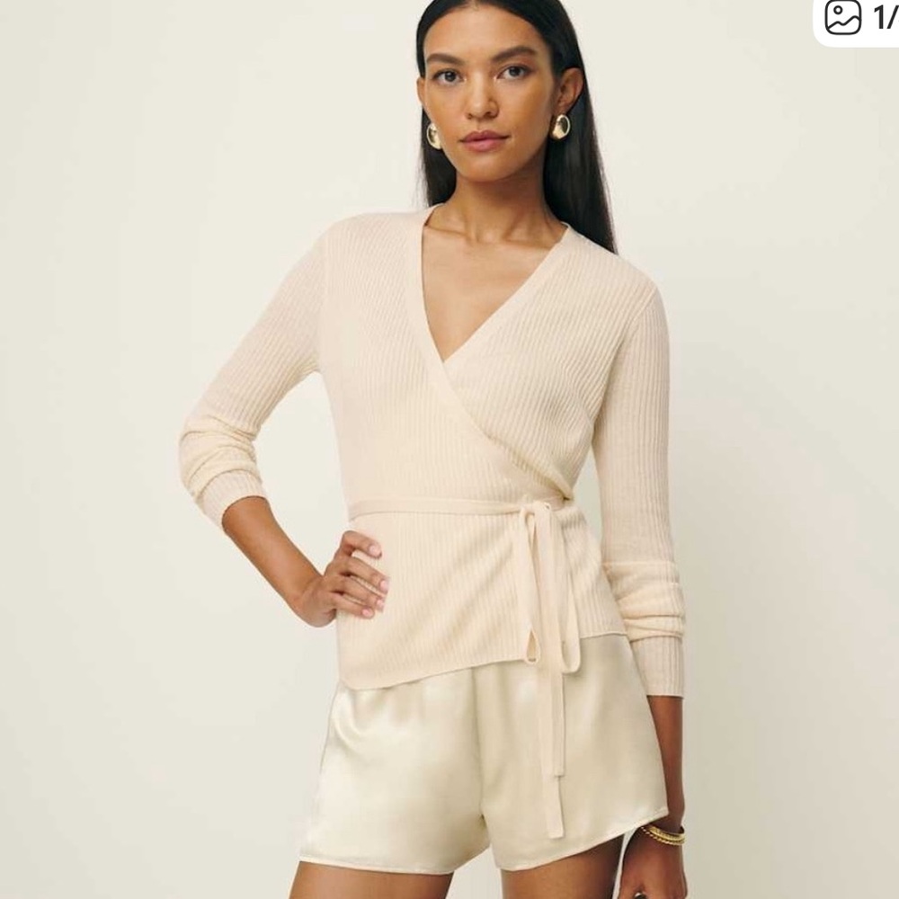 Reformation V-Neck Ribbed Wrap Sweater - Cream